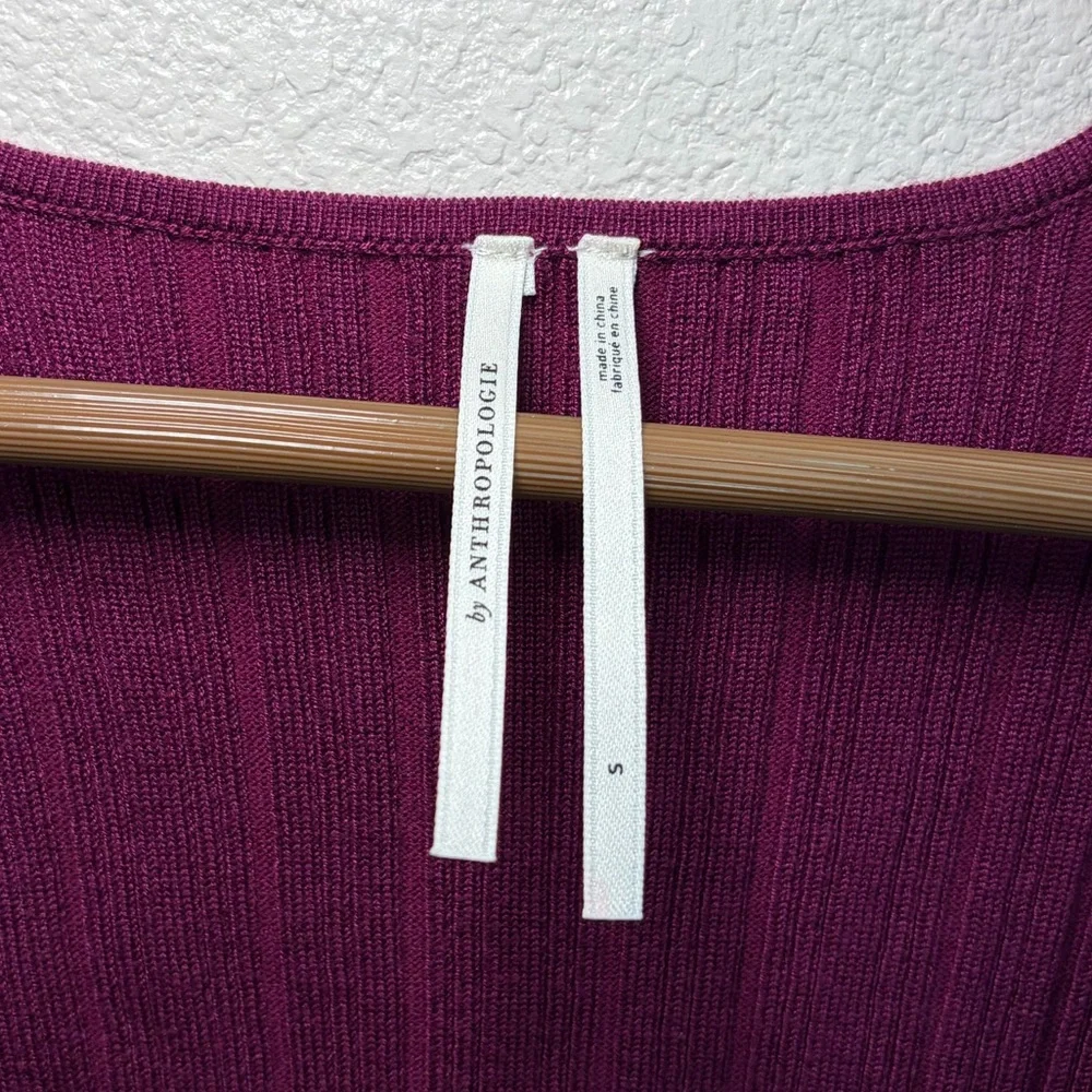 Anthropologie Puff-Sleeve Shimmer Plum Ribbed Knit Top Sheer Puff Sleeves Boho S